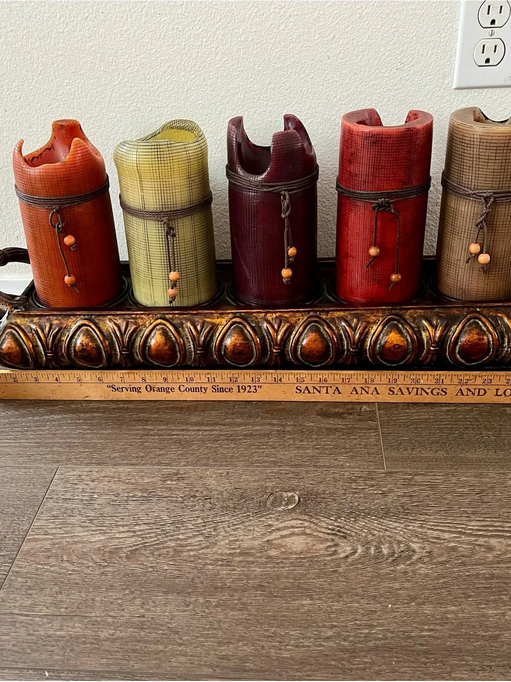 Decorative Multicolor Pillar Candle Set with Ornate Tray